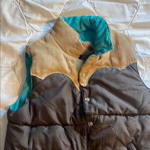 Brown and Tan Puffer Vest with Teal Lining